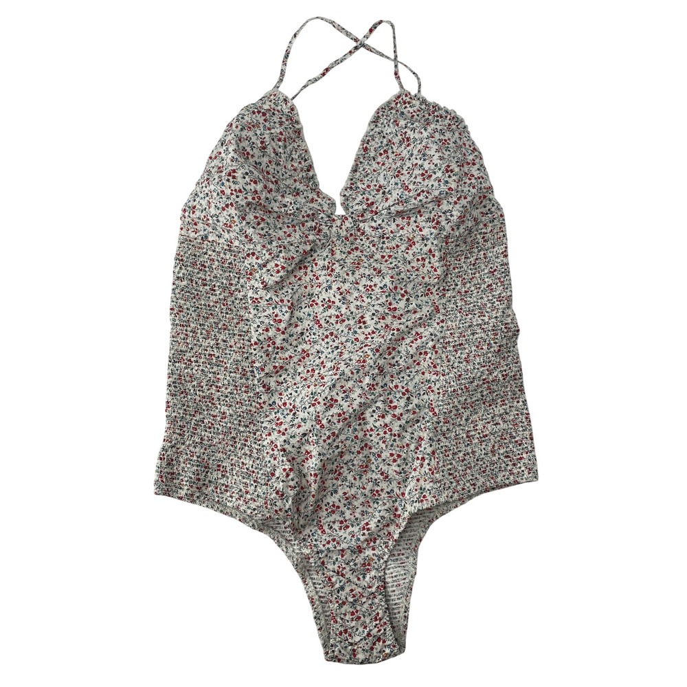 Doen White Floral Halter Bodysuit with Red and Green Print
